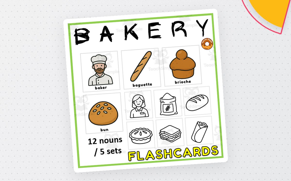 Bakery Flash Cards Vocabulary Resource poster cover with the resource title and classroom artwork.