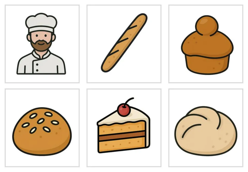 Bakery picture cards in color with no words: baker, baguette, brioche, bun, cake slice and dough for naming practice