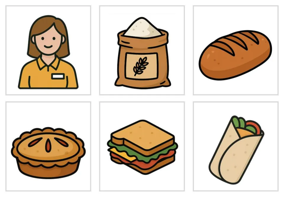 Color picture cards with no words showing an employee, flour sack, loaf, pie, sandwich and wrap to name aloud