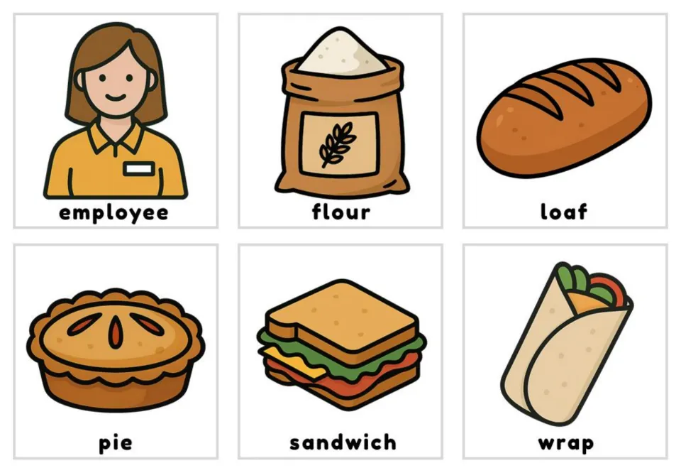 Labeled color cards for employee, flour, loaf, pie, sandwich and wrap, each word printed under its picture