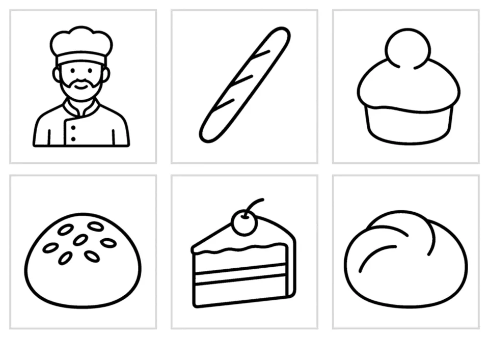 Black-and-white outline cards with no words: baker, baguette, brioche, bun, cake slice and dough to color or name