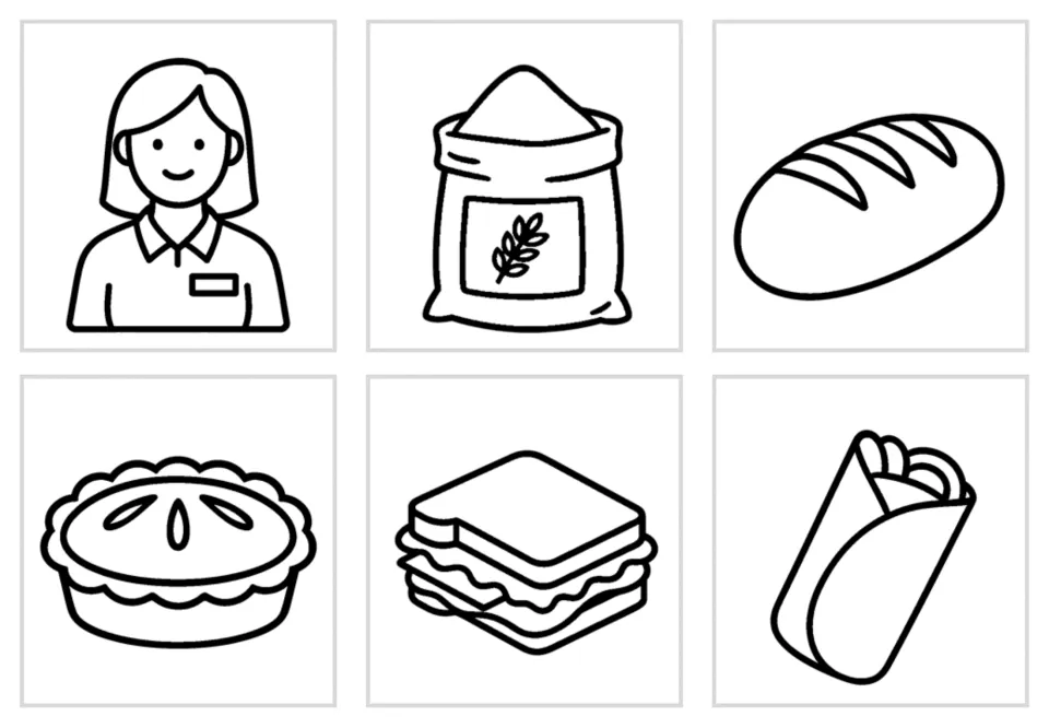 Outline picture cards to color: employee, flour sack, loaf, pie, sandwich and wrap, shown without word labels