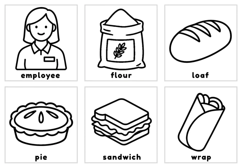 Labeled outline cards for coloring: employee, flour, loaf, pie, sandwich and wrap with each word under its drawing