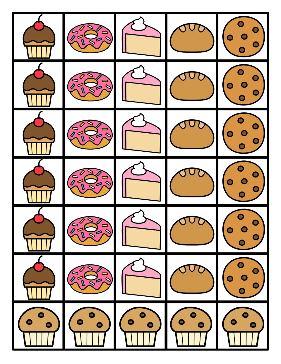 Bakery pattern pieces: 35 cupcakes, doughnuts, cake slices, bread loaves, cookies, and muffins to copy patterns