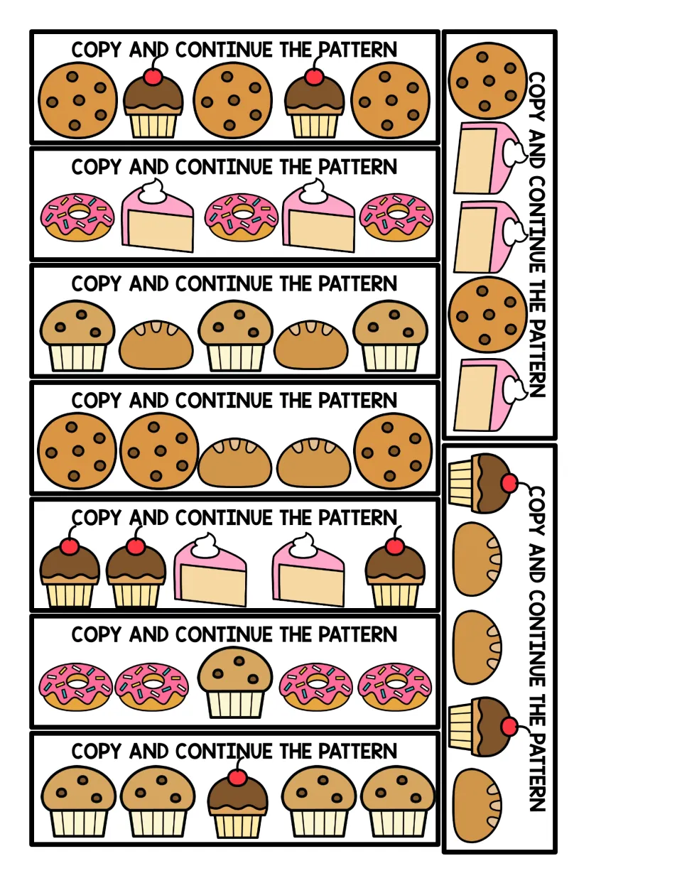 Nine bakery pattern cards labeled 'COPY AND CONTINUE THE PATTERN' for AB, AAB, ABB, and AABB sequences