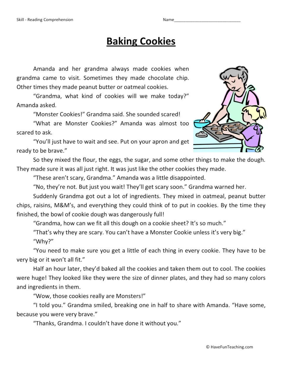 Reading passage about Amanda and her grandma making huge Monster Cookies with many different ingredients.