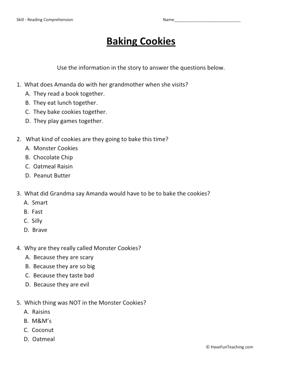 Five multiple-choice questions about Amanda, her grandma, and the size and ingredients of Monster Cookies.