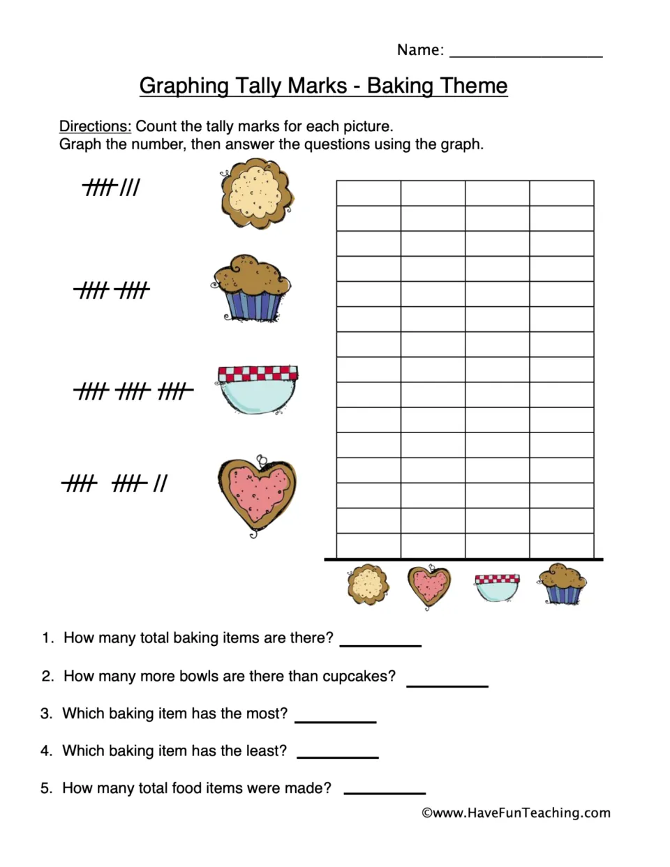 Baking tally graph: students count tallies for cookies, cupcakes, bowls and heart treats, graph them, answer 5 questions