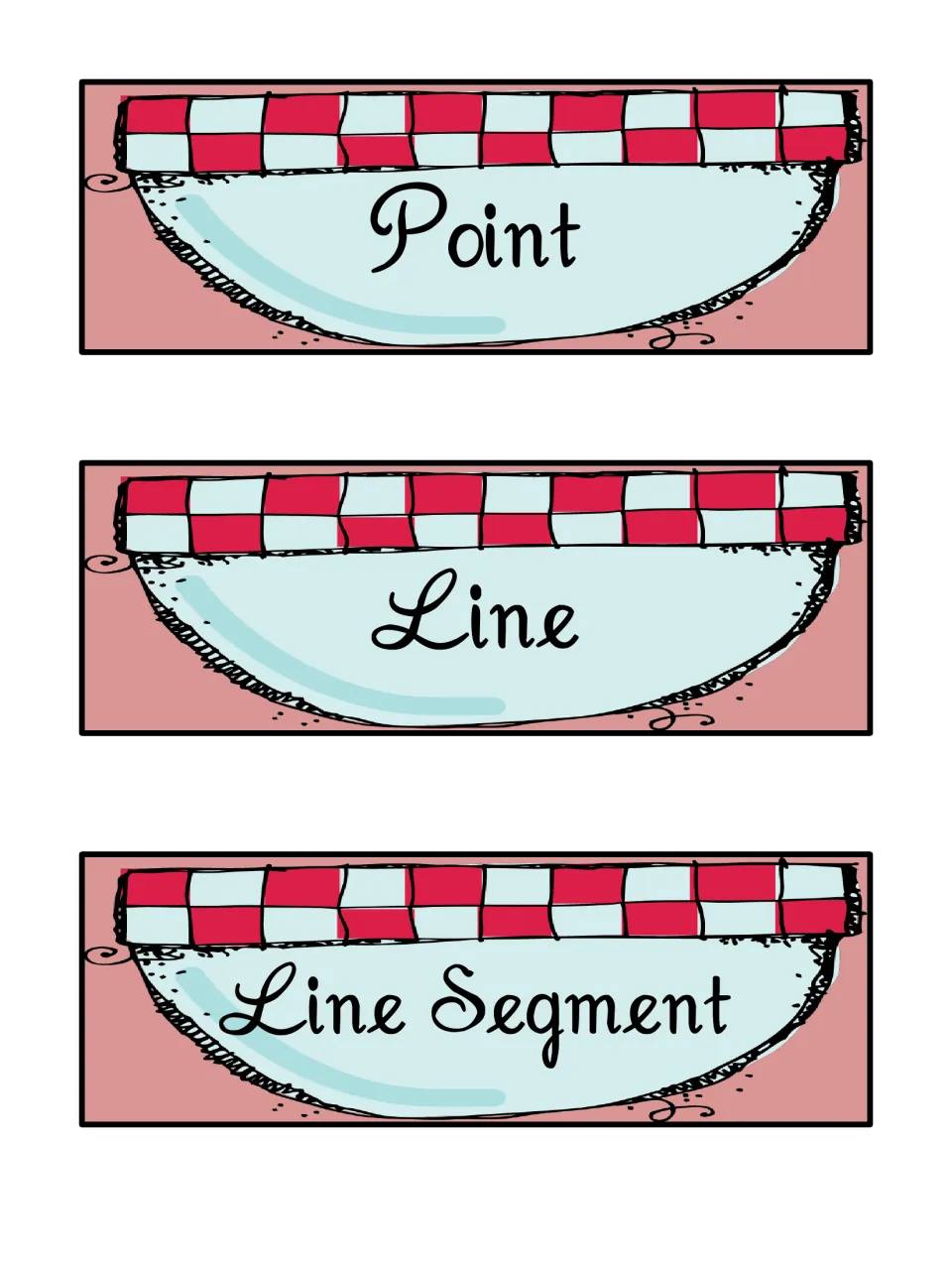 Geometry term cards for Point, Line and Line Segment, printed on mixing bowls for students to sort picture cards under