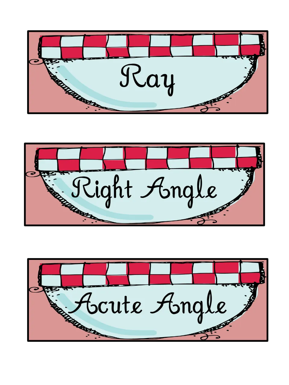 Term cards for Ray, Right Angle and Acute Angle on mixing bowls, the next three headers in the geometry sorting set