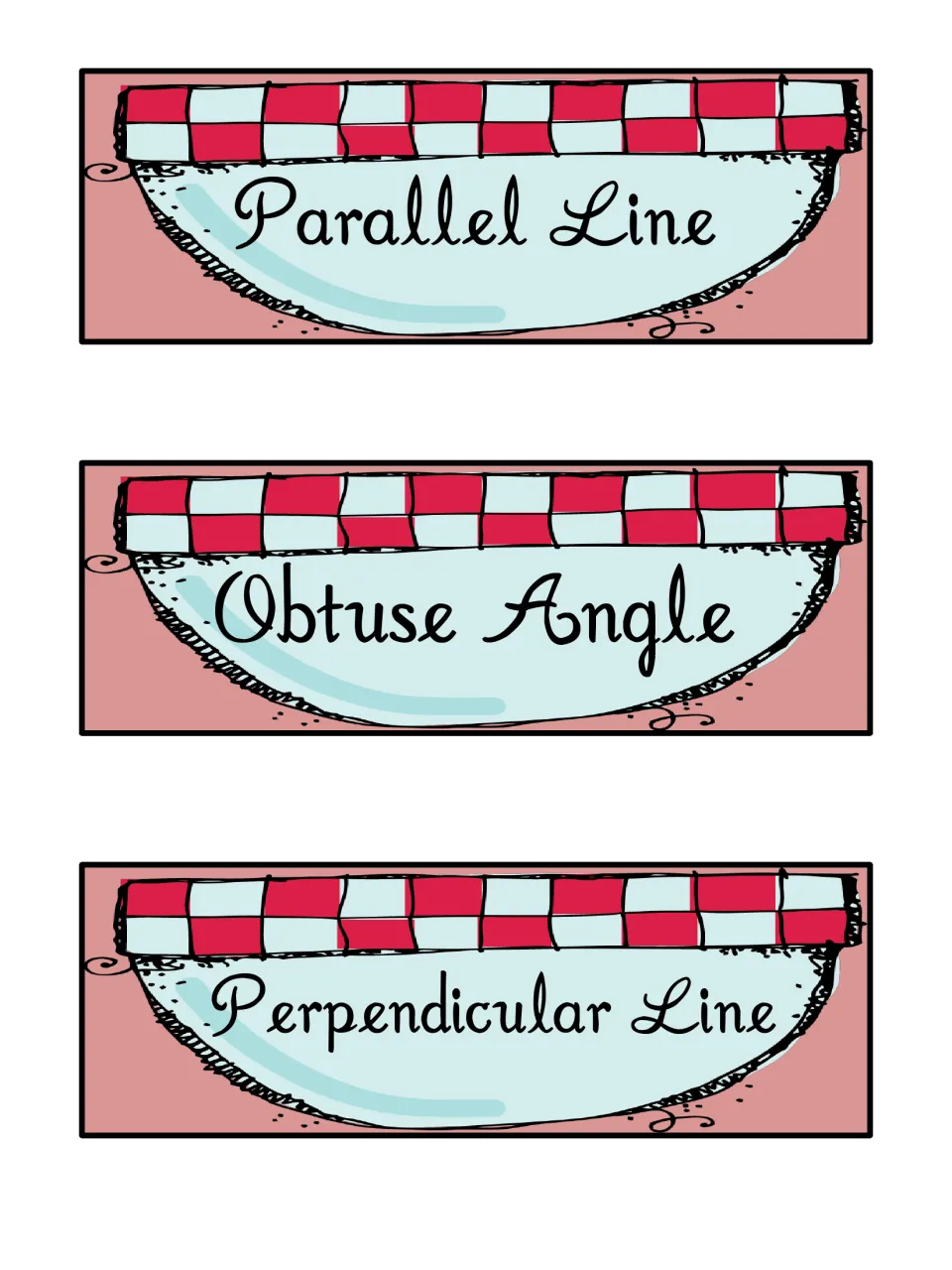 Term cards for Parallel Line, Obtuse Angle and Perpendicular Line on mixing bowls, the last headers in the sorting set