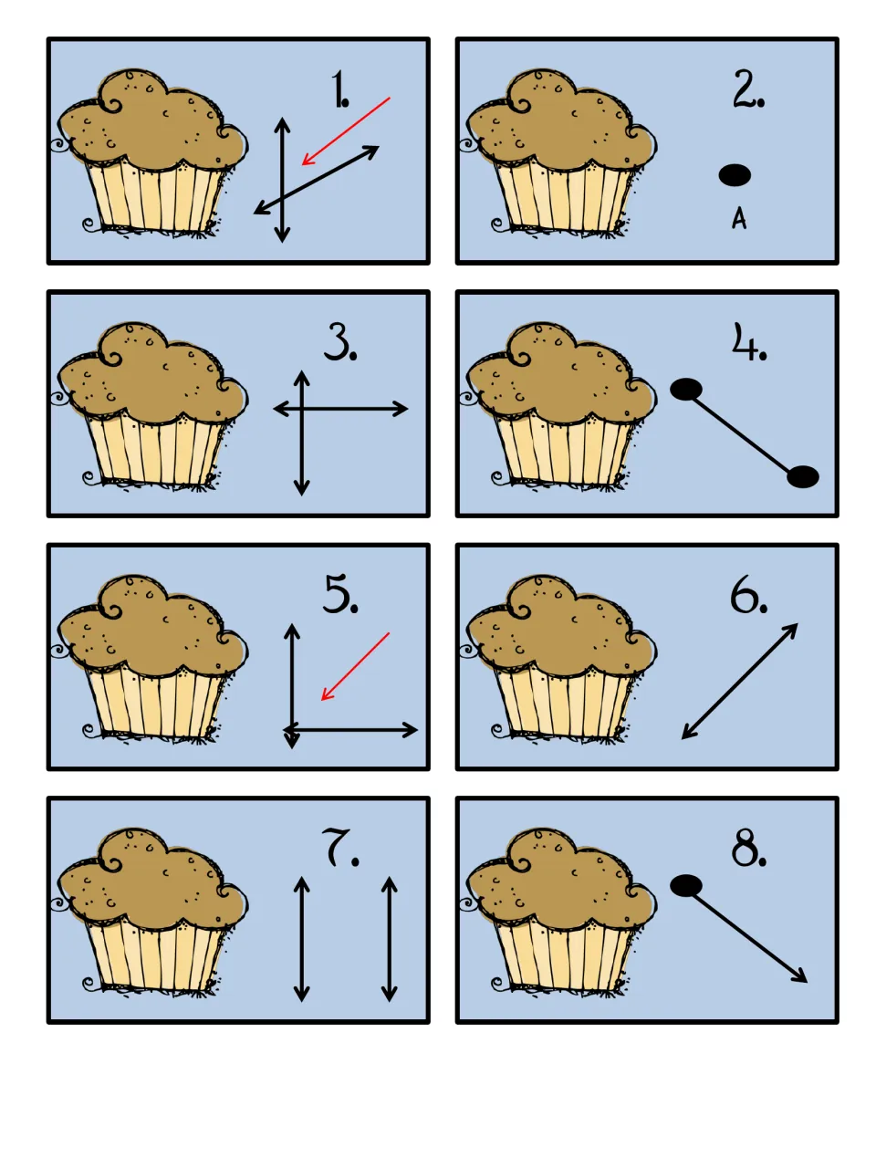 Muffin picture cards 1 to 8: students identify each figure, such as point A, a right angle, parallel lines and a ray