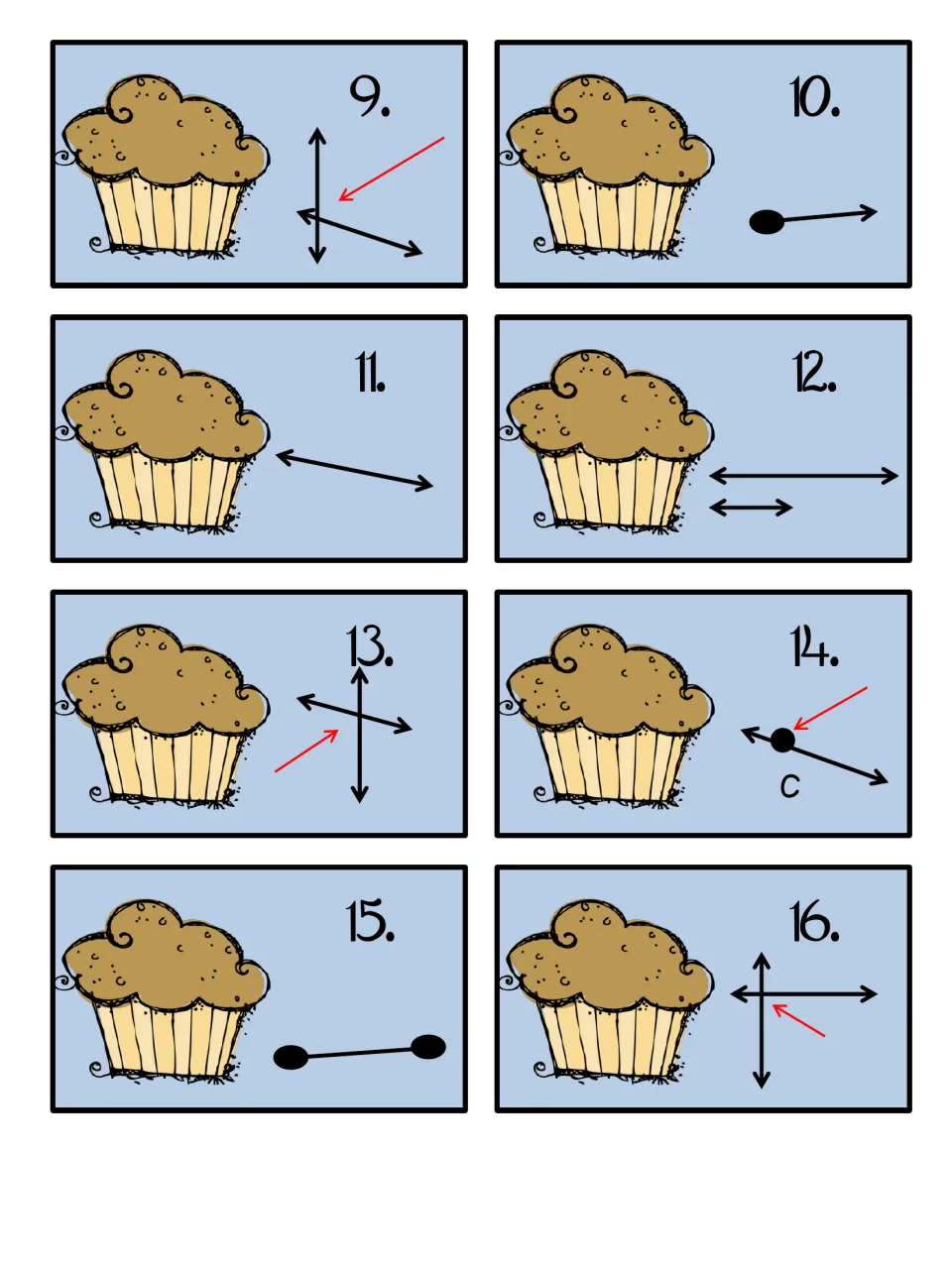 Muffin picture cards 9 to 16 showing a ray, a line, a segment, point C and angles marked with red arrows to classify