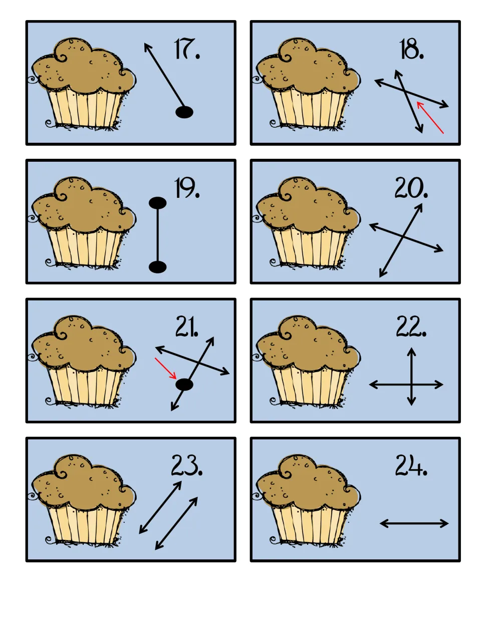 Muffin picture cards 17 to 24: students name rays, segments, intersecting lines, perpendicular lines and parallel lines