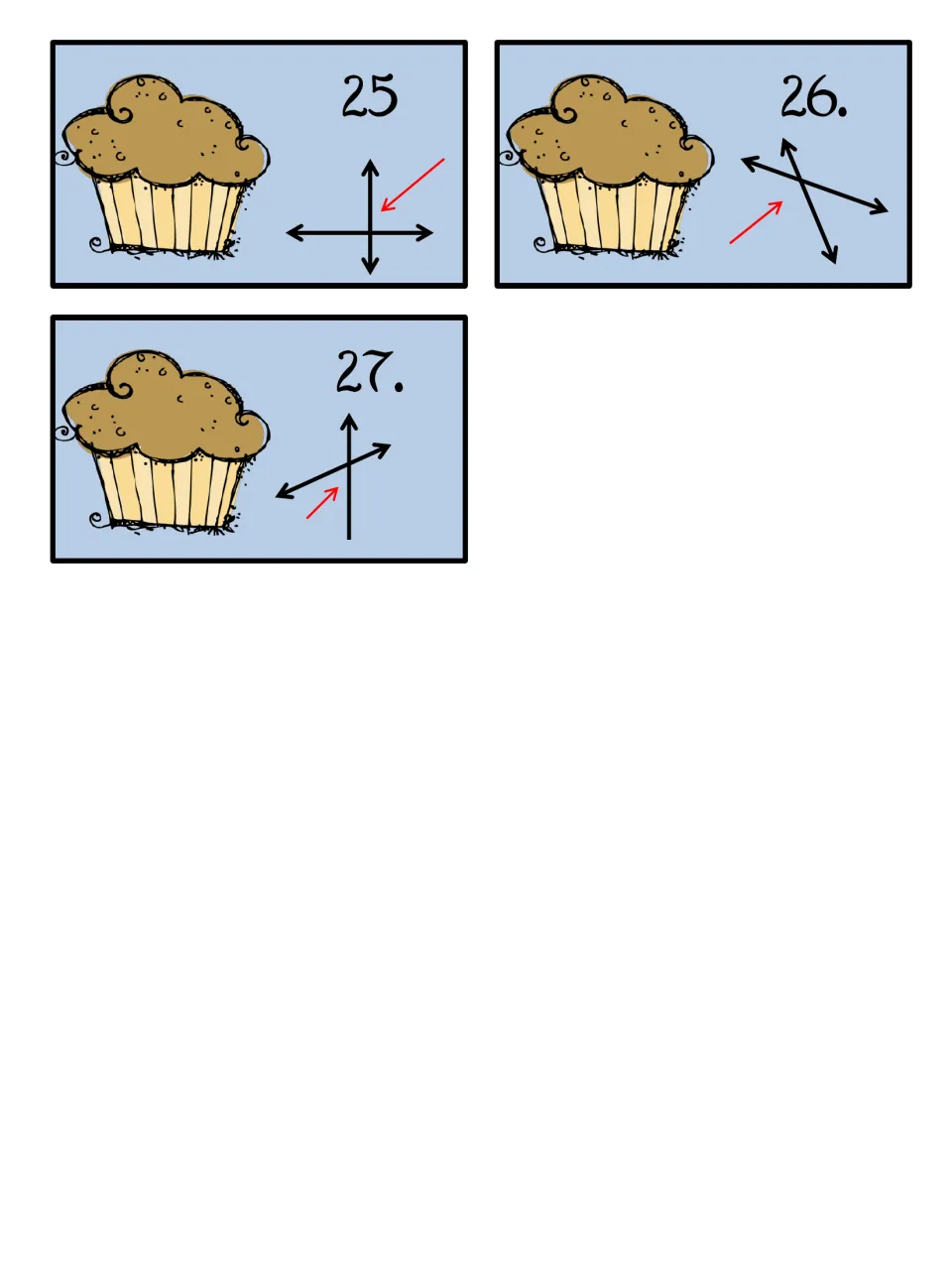 Last muffin picture cards 25 to 27 showing right, obtuse and acute angles, each angle pointed out by a red arrow