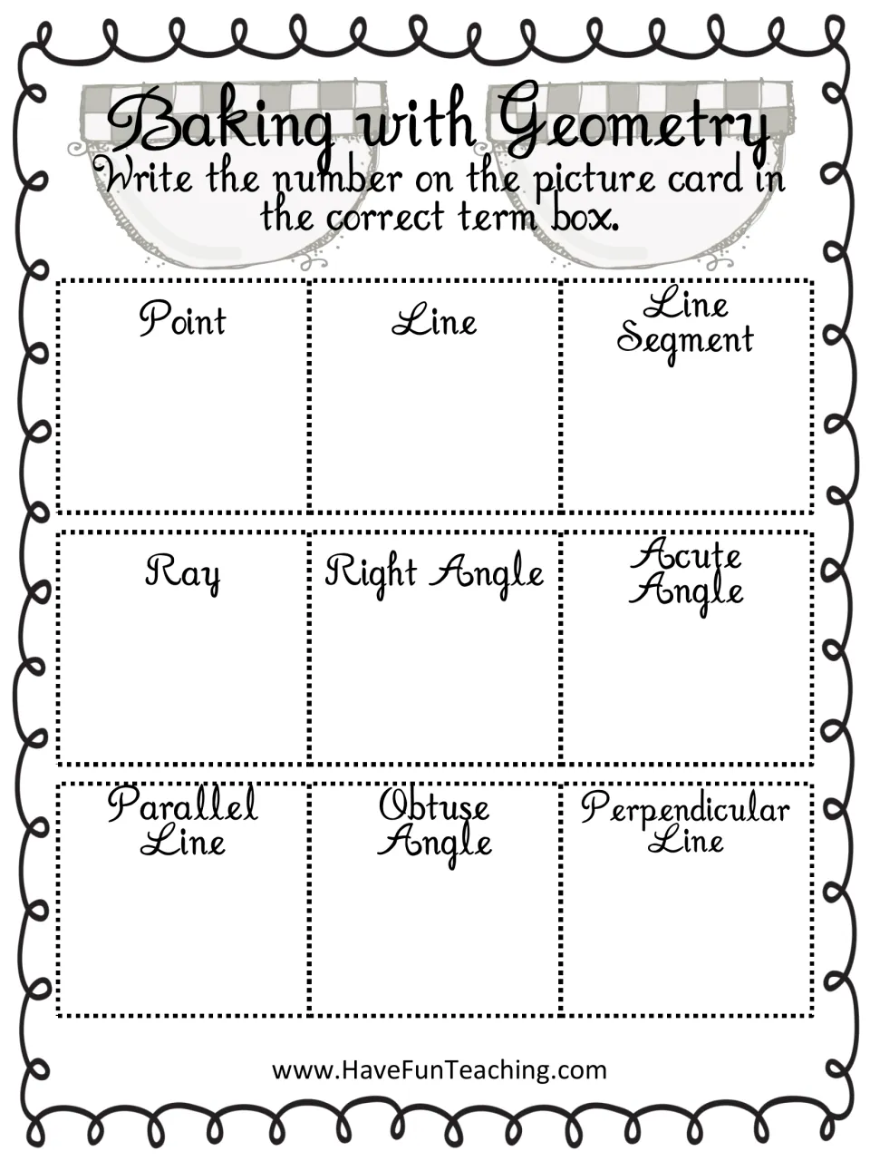 Geometry recording sheet: students write each picture card number under its term, from point and ray to obtuse angle