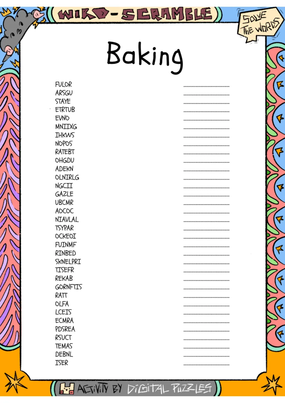 Baking word scramble: students unscramble 34 baking words such as FULOR, ARSGU and STAYE and write each on its line