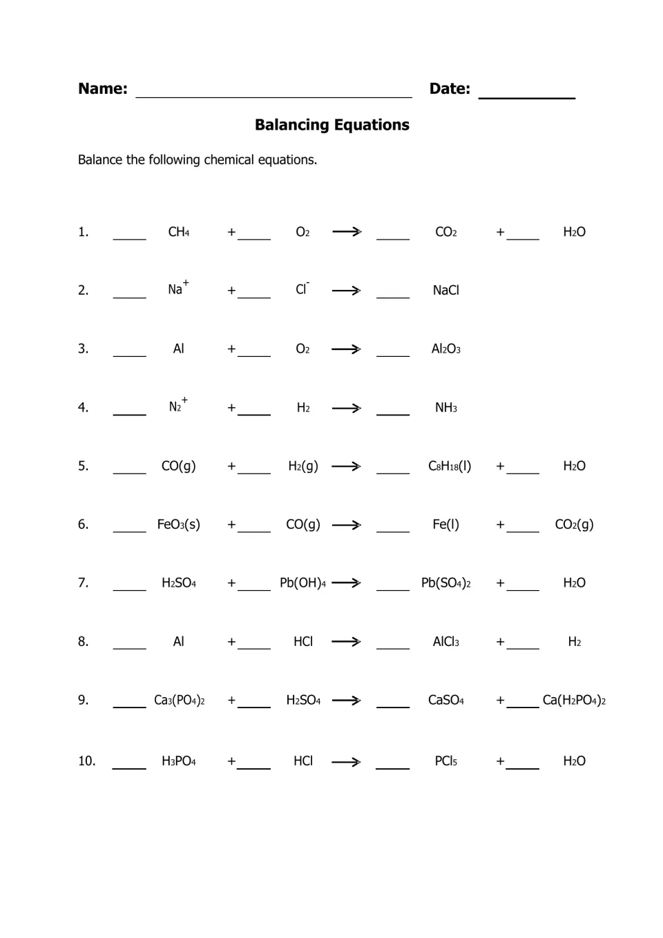 Balancing Equations: students add coefficients to balance 10 chemical equations, from CH4 + O2 to H3PO4 + HCl