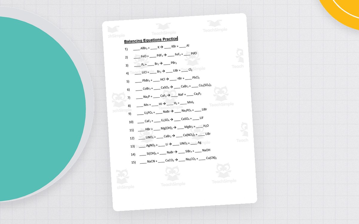 Balancing Equations Practice worksheet page with numbered chemical equations and coefficient blanks.