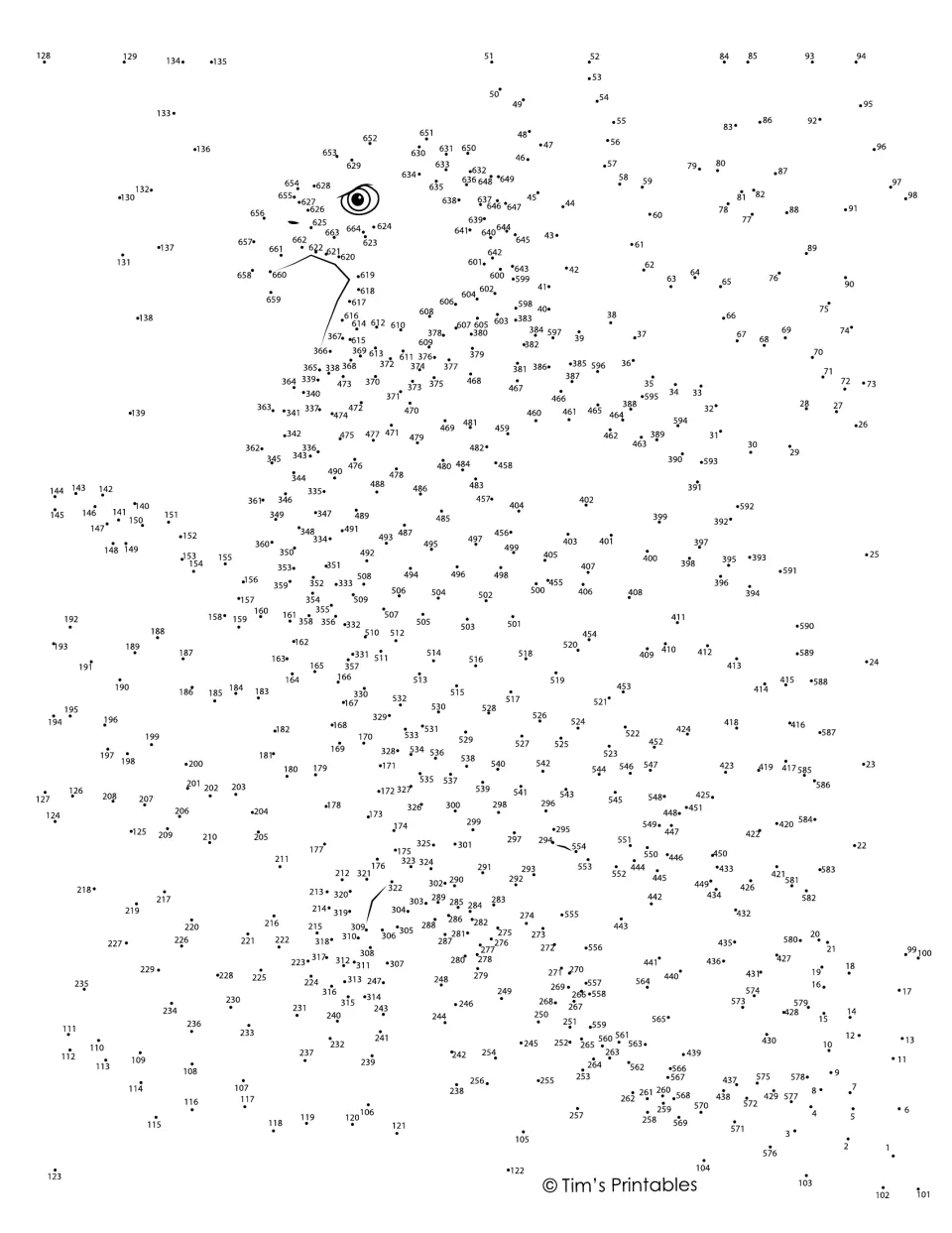 Bald eagle connect-the-dots puzzle with numbered points to connect into a bird perched among tree branches.