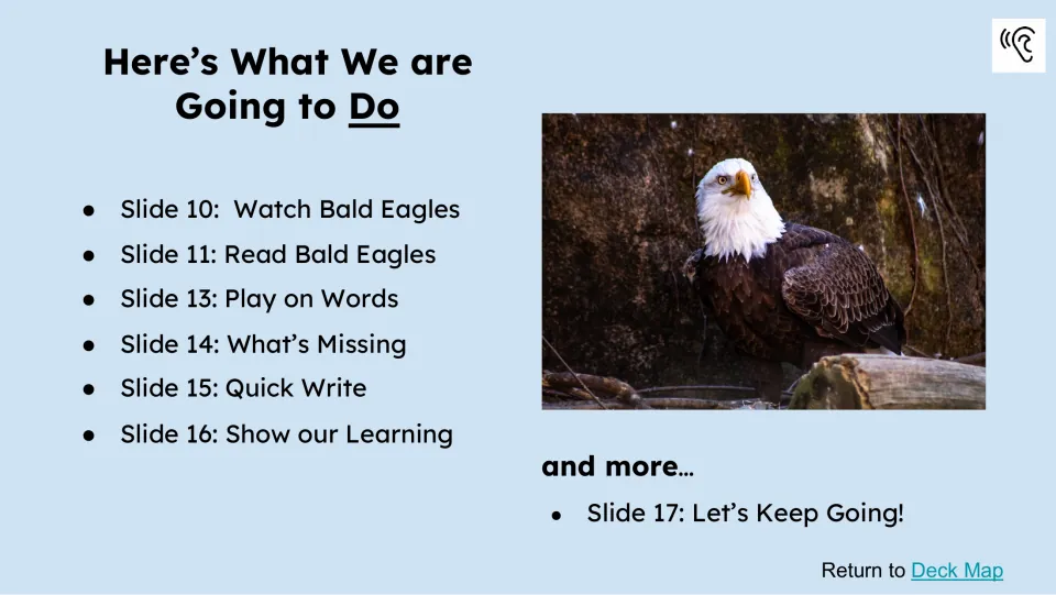 Activity preview lists watching, reading, Play on Words, What’s Missing, Quick Write, and Show our Learning