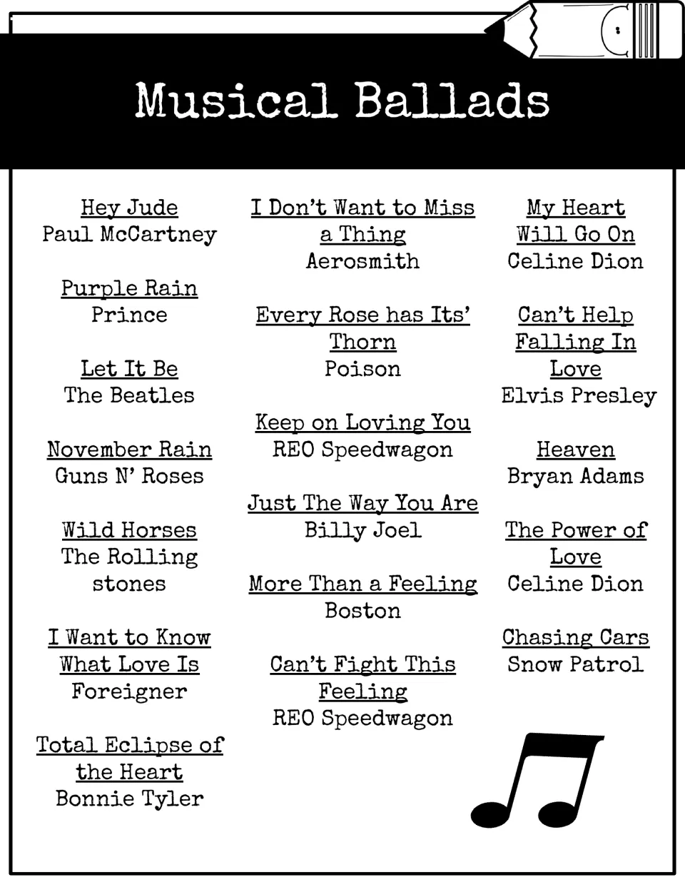 Musical Ballads poster listing 18 songs and artists, such as Hey Jude, Purple Rain, Let It Be and My Heart Will Go On