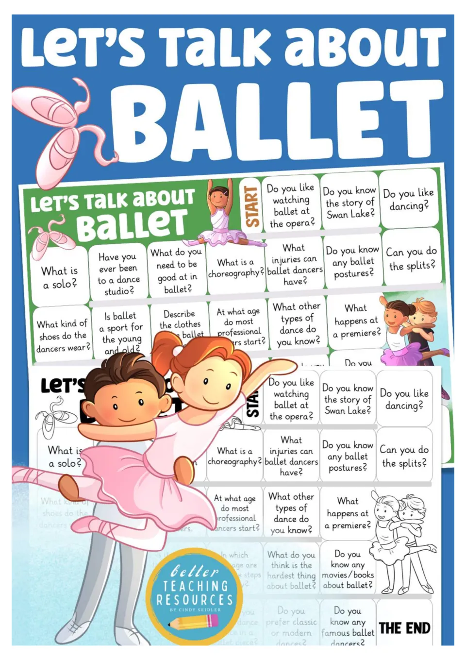 Cover for the ballet speaking game, titled “Let’s Talk About Ballet,” showing both versions of the board.