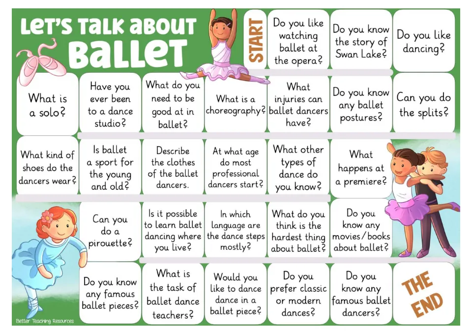 Color speaking game board with 26 ballet prompts about Swan Lake, choreography, dance clothing, and more.