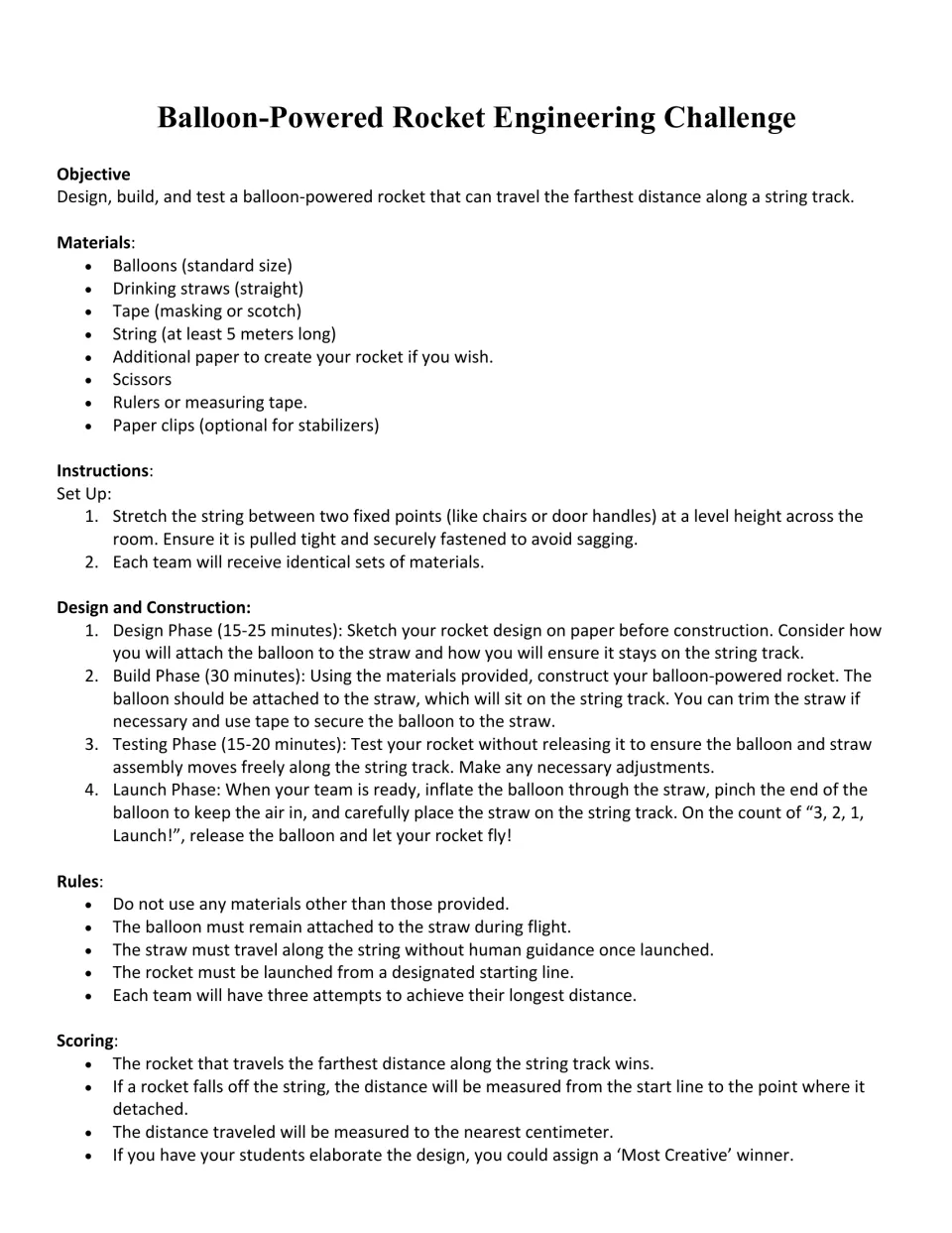 Balloon rocket challenge rules: teams design, build and launch a straw-and-balloon rocket along a string track for distance
