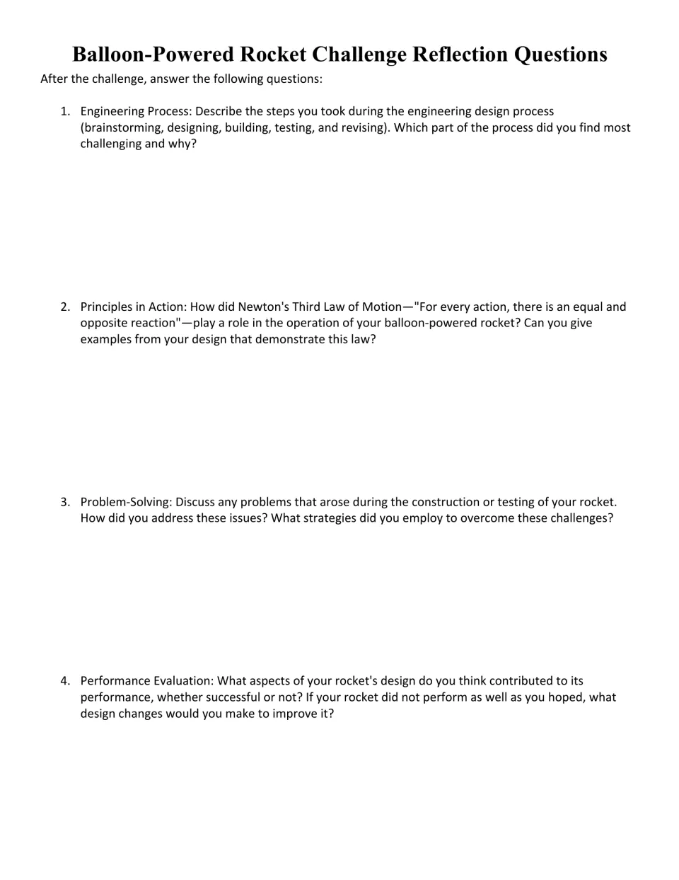 Reflection questions: students explain their design process, Newton's Third Law at work, problems solved and results