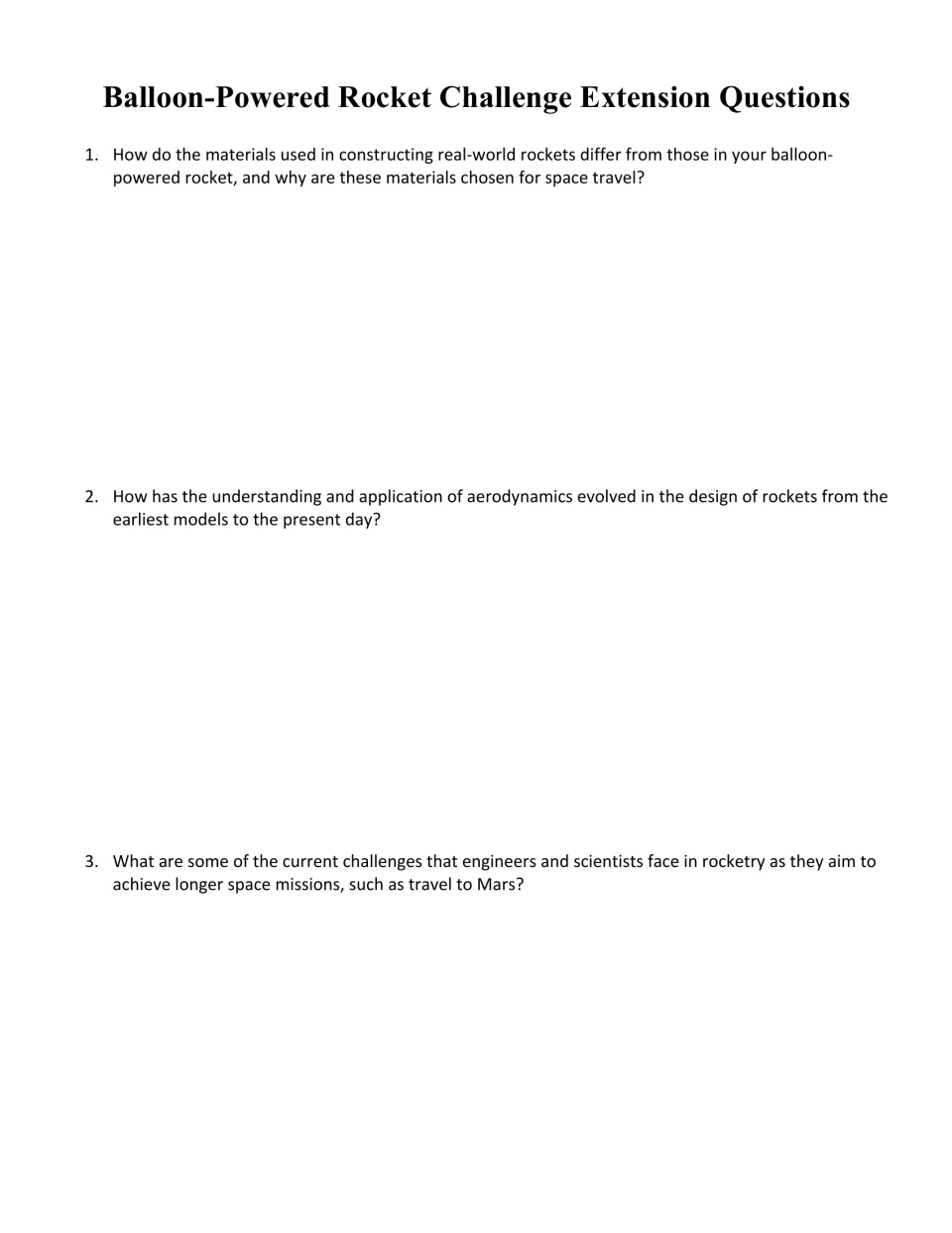 Extension questions: students compare real rocket materials, trace aerodynamics history and discuss Mars mission hurdles
