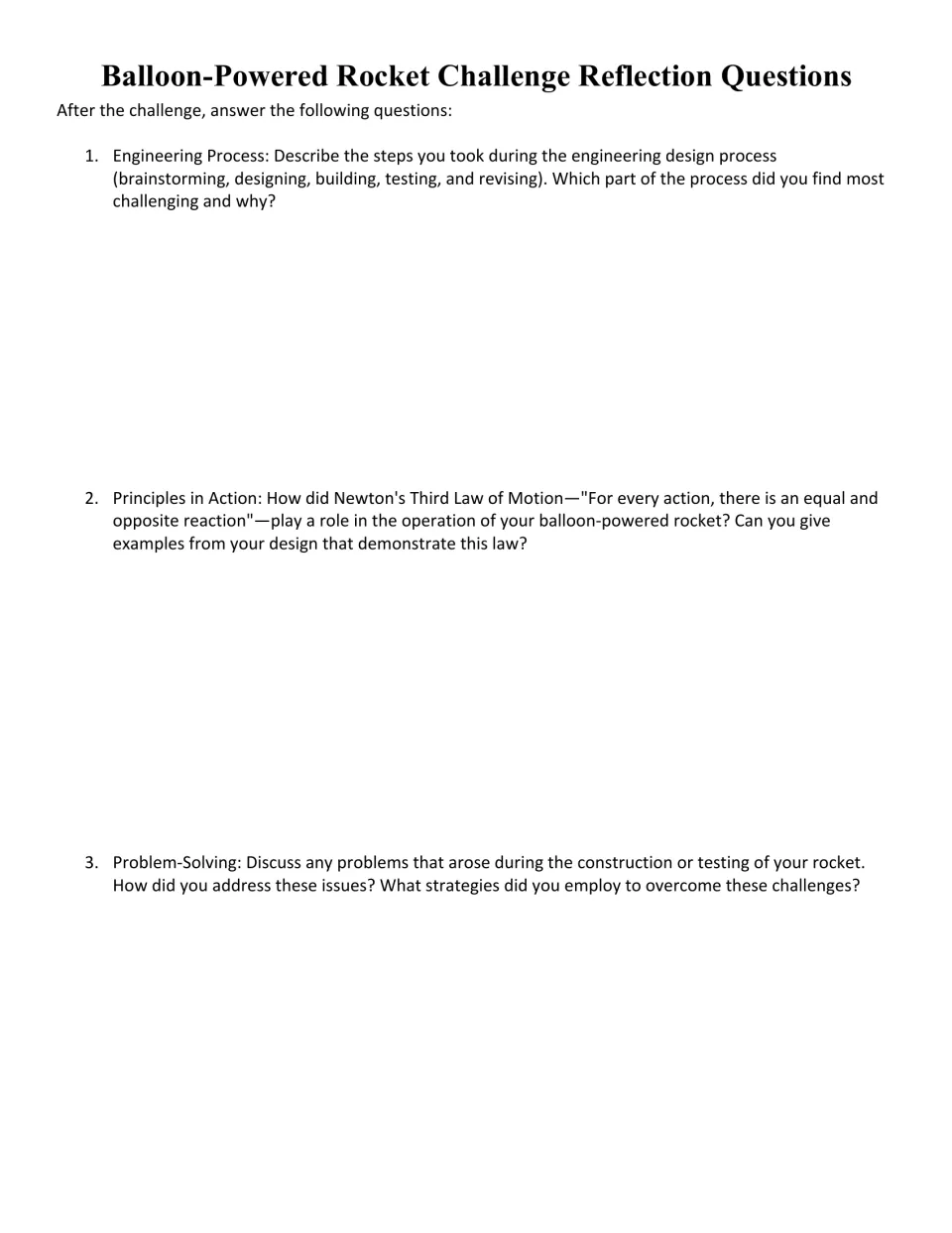 Reflection questions: students explain their design process, Newton's Third Law in their rocket and problems they solved
