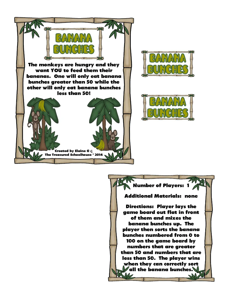Game directions for one player: mix the banana number cards and sort them as greater than or less than 50