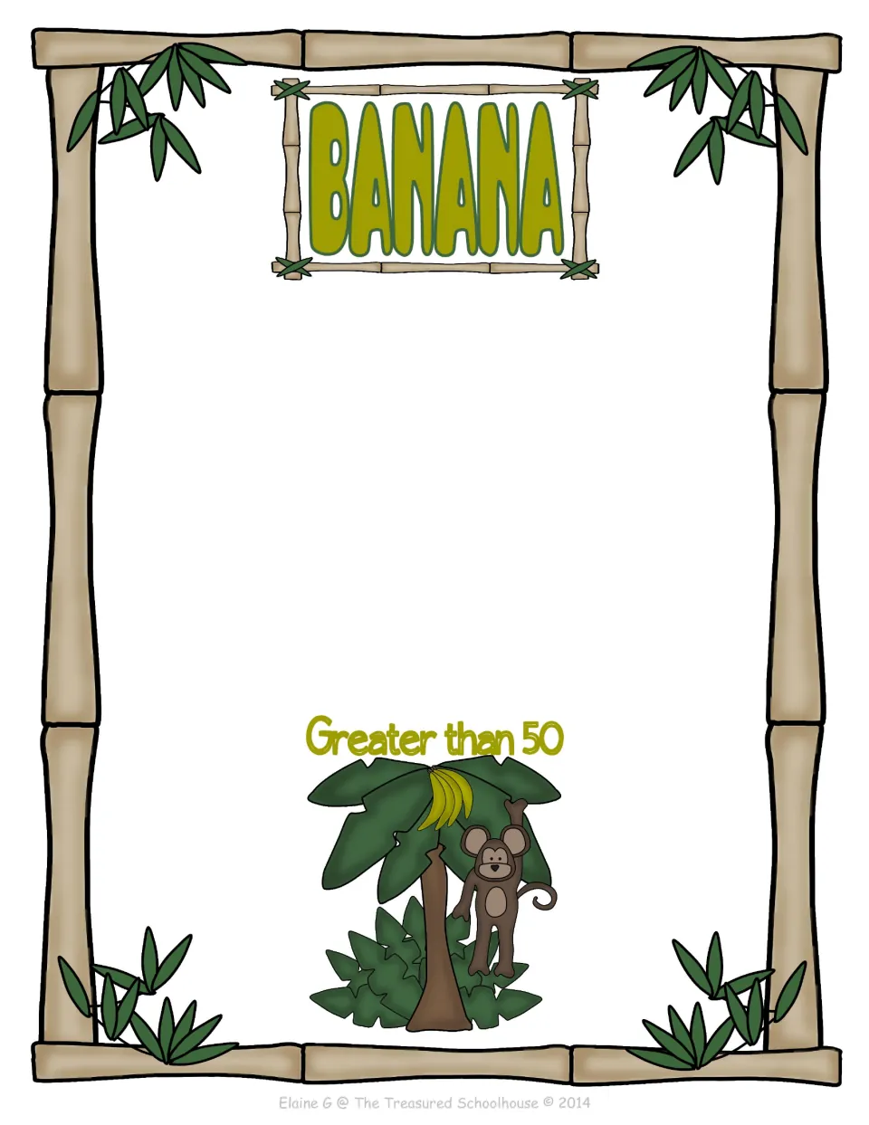 Greater than 50 sorting board for the banana number cards, labeled Banana and Greater than 50