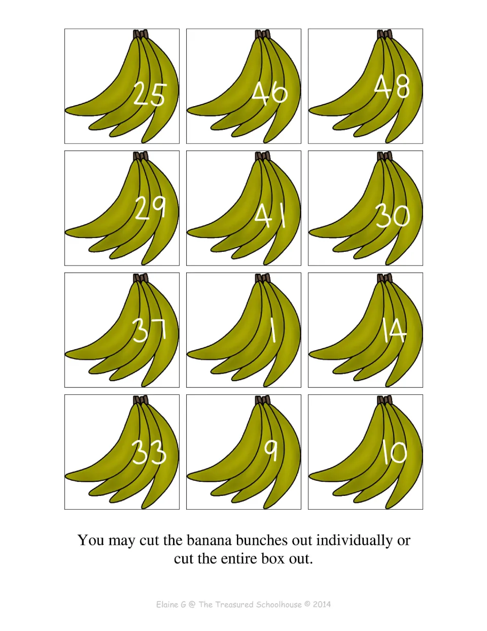 Banana number cards 1–12 for sorting below 50: 25, 46, 48, 29, 41, 30, 37, 1, 14, 33, 9, and 10