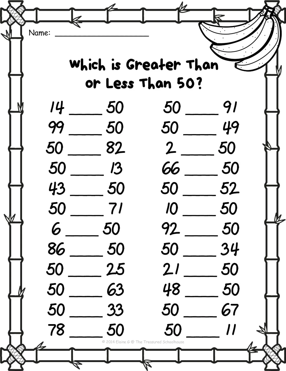 Comparison worksheet 1: fill in greater-than or less-than symbols for 24 pairs, including 14 and 50