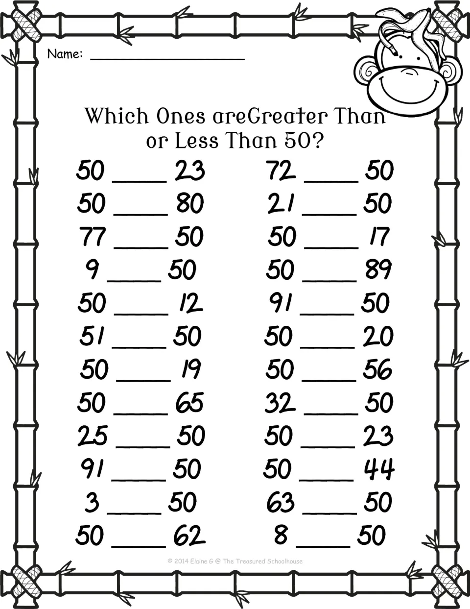 Comparison worksheet 2: fill in greater-than or less-than symbols for 24 pairs, including 50 and 23