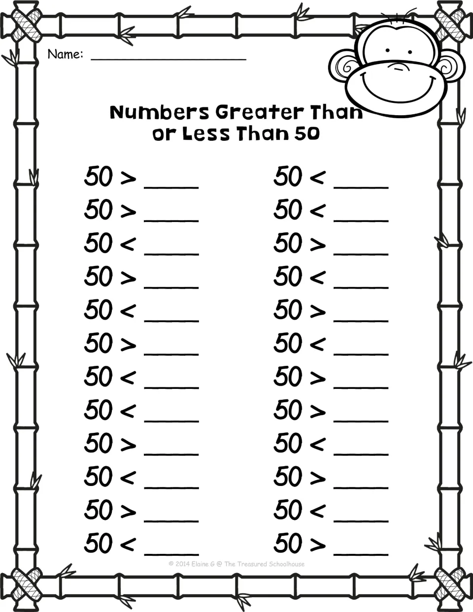 Comparison worksheet 3: supply missing numbers in 24 inequalities beginning with 50, such as 50 > __