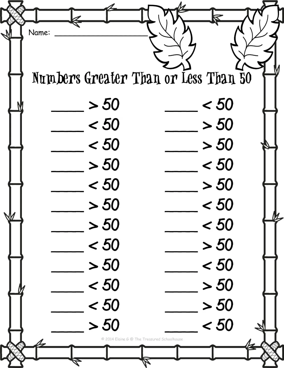 Comparison worksheet 4: supply missing numbers in 24 inequalities ending with 50, such as __ > 50