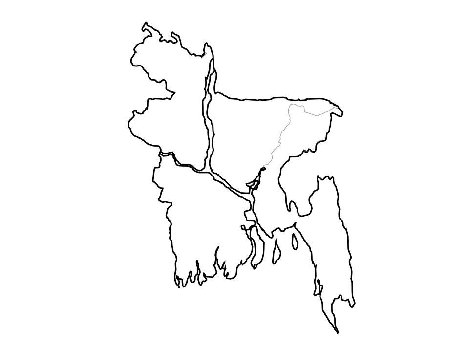 Blank outline map of Bangladesh with only the Ganges, Jamuna and Meghna river courses drawn, ready for map labeling