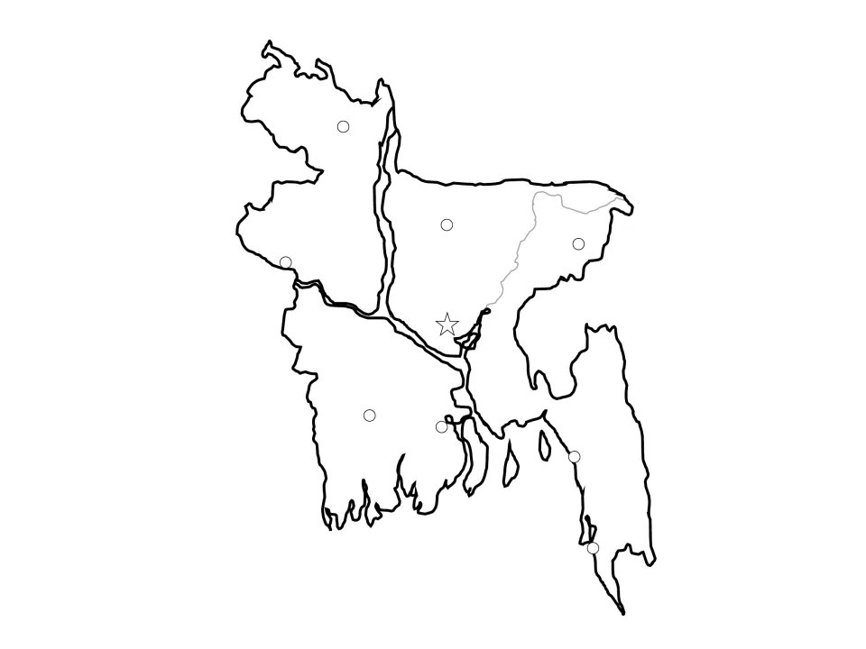 Bangladesh outline map with unlabeled circles for 8 cities and a star for the capital, for students to label city names