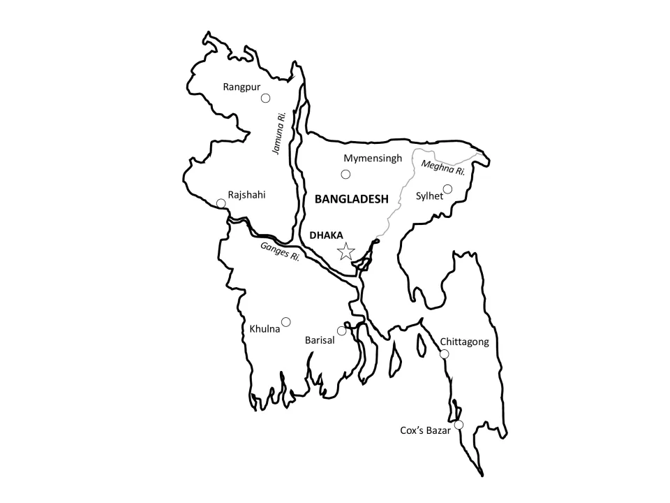 Labeled Bangladesh map: capital Dhaka, 8 cities including Sylhet and Chittagong, and the Ganges, Jamuna and Meghna rivers