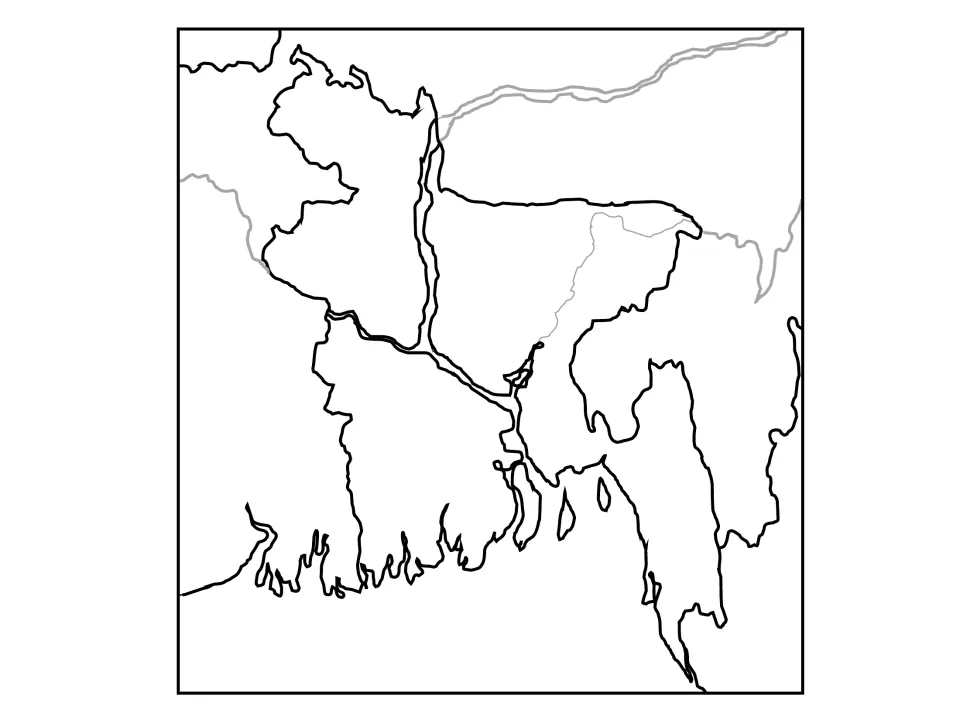 Blank regional map of Bangladesh with rivers, neighbouring borders and the coastline, with no labels for students to add