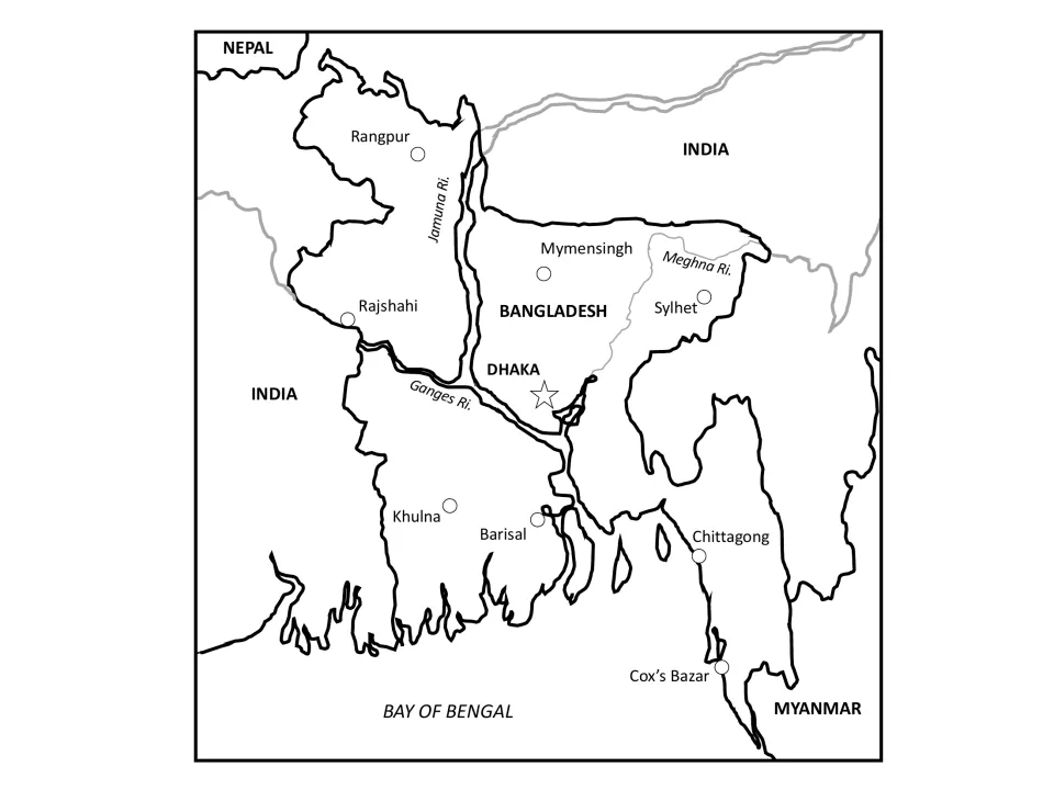 Labeled regional map: Bangladesh's cities, capital and rivers, with India, Nepal, Myanmar and the Bay of Bengal named