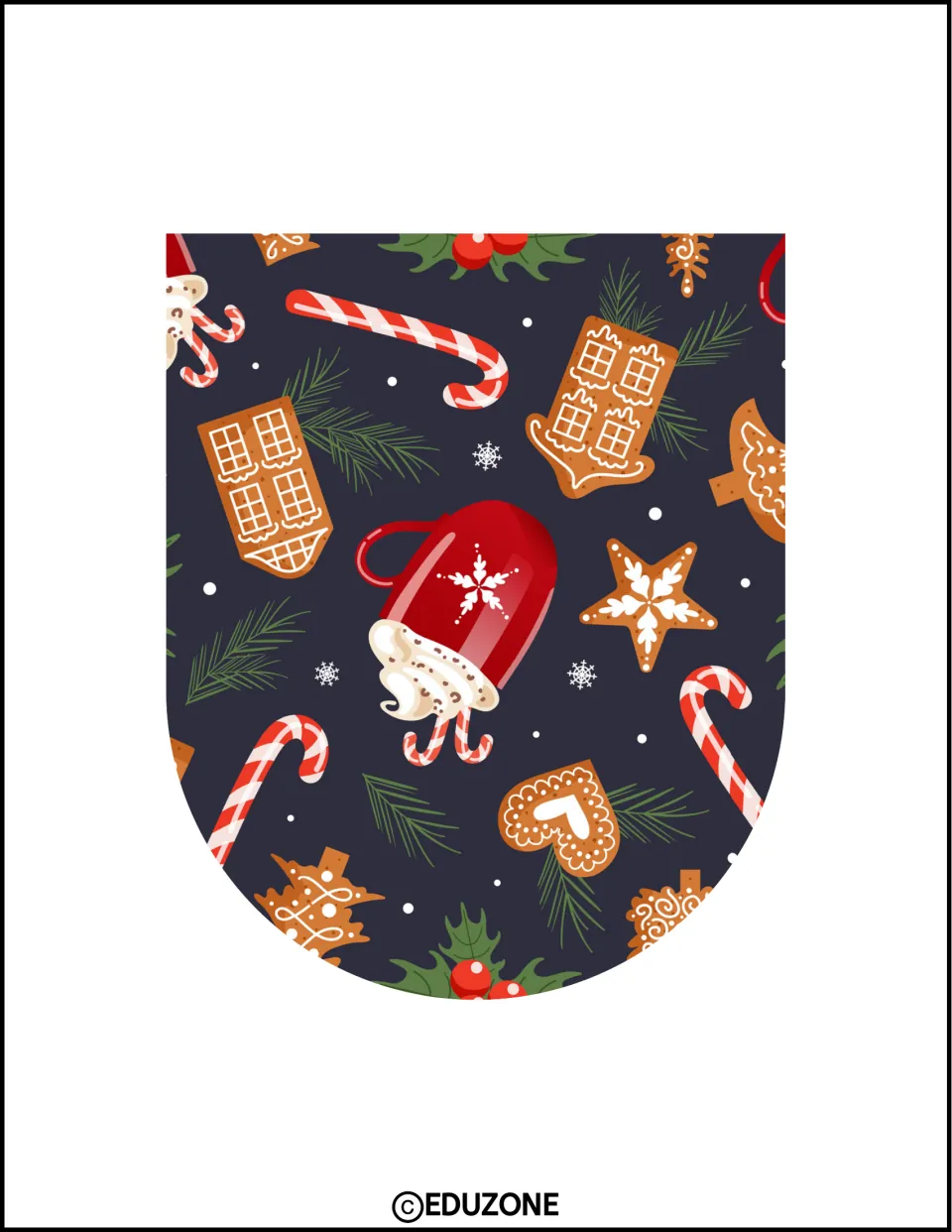 Christmas pennant cut-out on navy with gingerbread houses and stars, candy canes, a cocoa mug, holly and pine sprigs