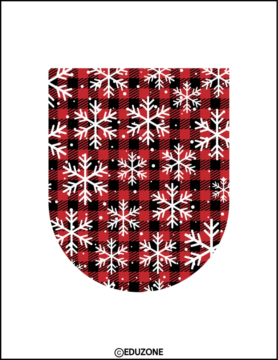 Christmas pennant cut-out in red and black buffalo check plaid scattered with large white snowflakes, rounded bottom