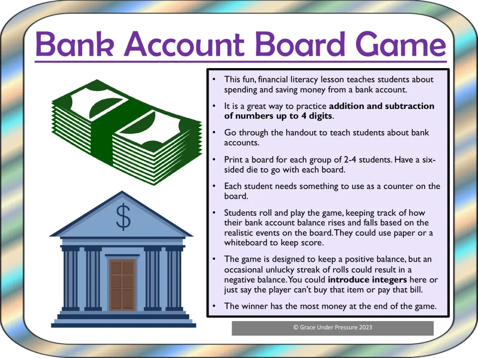 Bank Account Board Game cover with teacher directions: groups of 2-4 roll a die and track a balance with 4-digit math