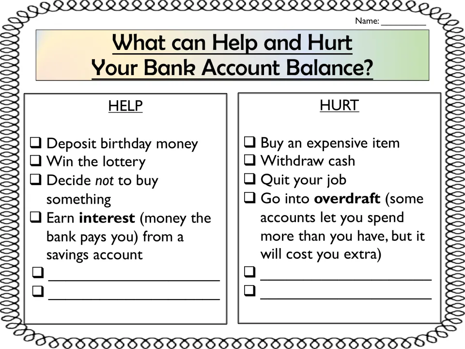 Help or hurt your balance: two checklists of events like winning the lottery or overdraft; students add their own ideas