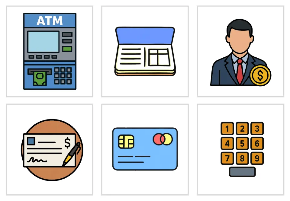 Color bank vocabulary picture cards 1–6: ATM, bankbook, banker, check, card, and code, without word labels