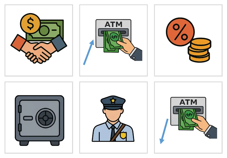 Color bank vocabulary picture cards 7–12: contract, deposit, interest, safe, security, and withdrawal